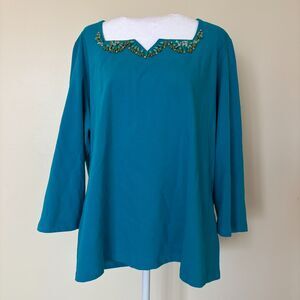 Ruby Rd. Shirt Womens Plus Size 2X Teal 3/4 Sleeve Beaded Square Neck Basic Top